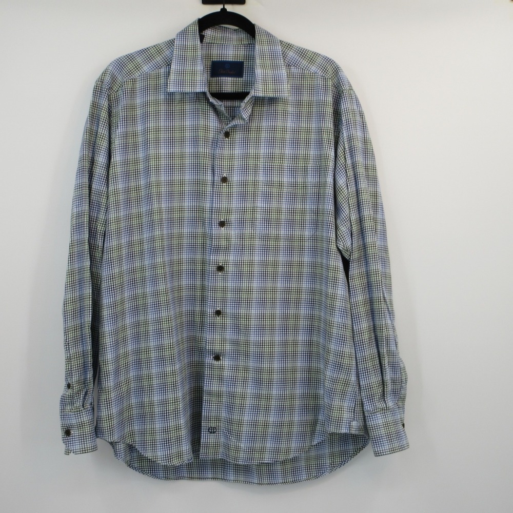 David Donahue Mens Blue Green Houndstooth Check Cotton Button Down Shirt‎ XL